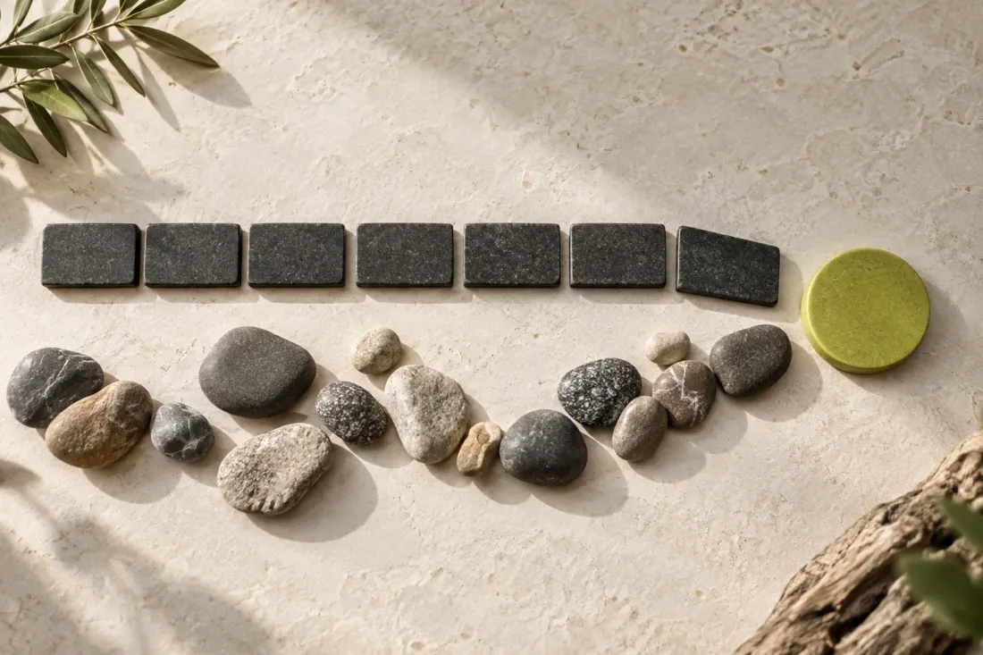Ordered tiles and irregular river stones lead toward a lime disk, comparing rules and interpretation